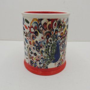 Starla Halfmann Peacock White Mug Anthropologie Red Inside Gold Handle
